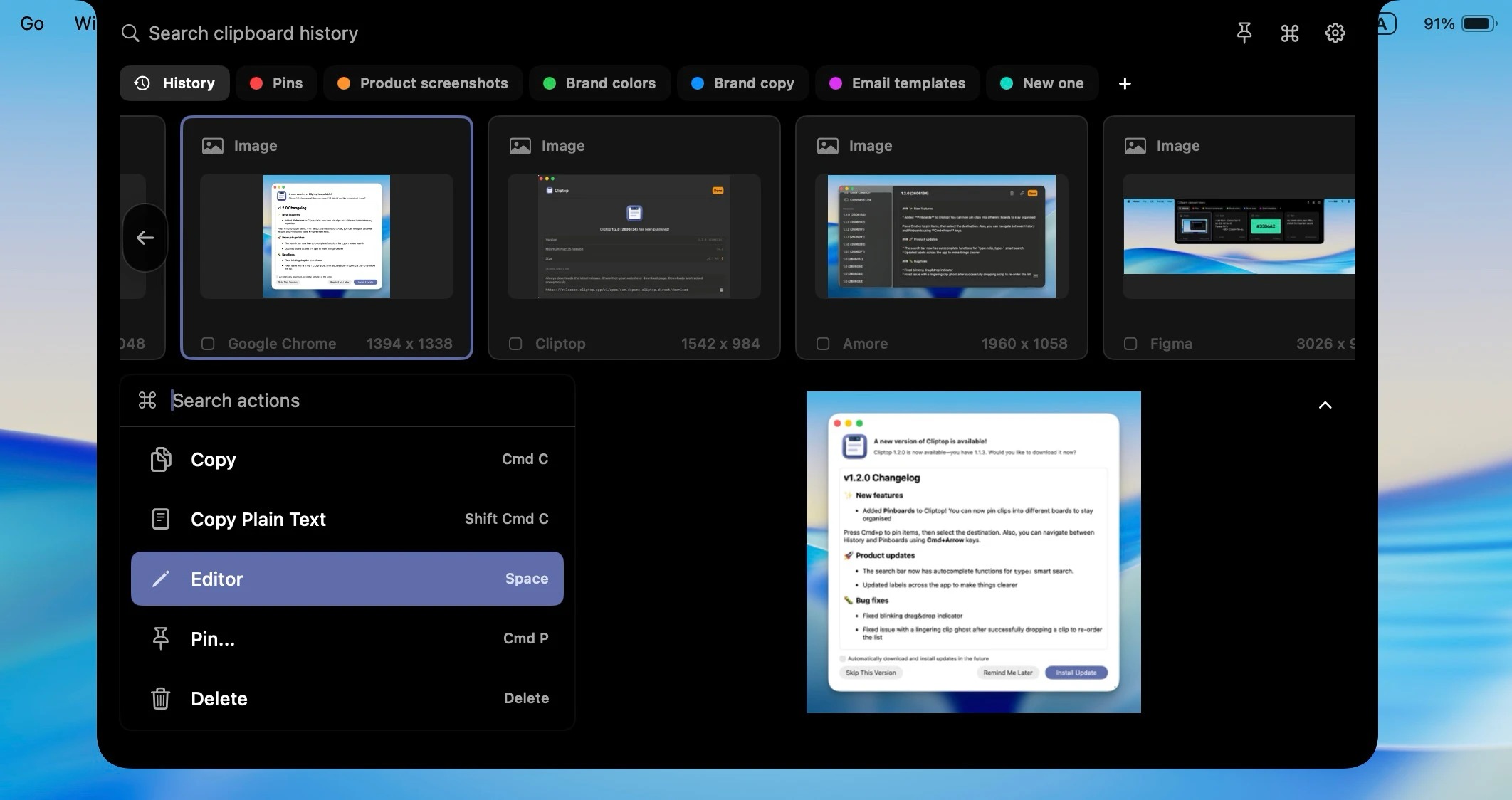 Cliptop actions panel opened for a selected clipboard item