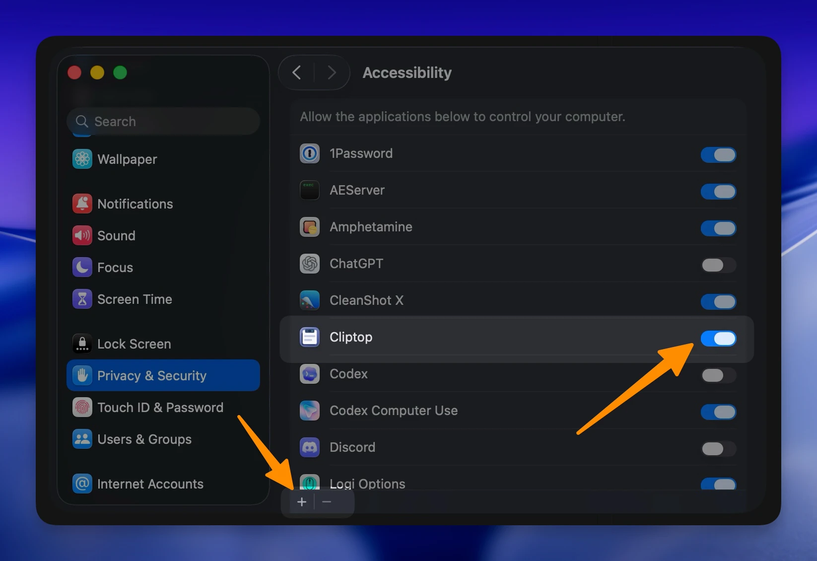macOS Accessibility settings showing Cliptop enabled for Direct Paste