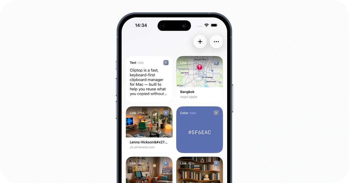 Cliptop on iPhone showing searchable clipboard history synced from a Mac