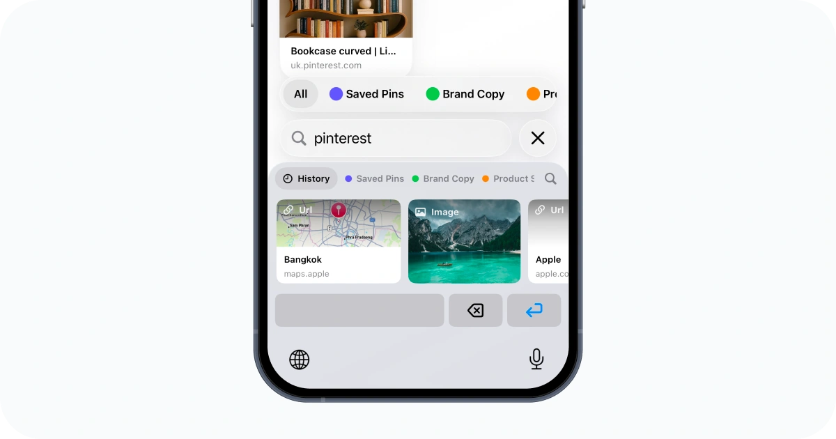 Cliptop Keyboard searching saved clipboard items from an iPhone text field