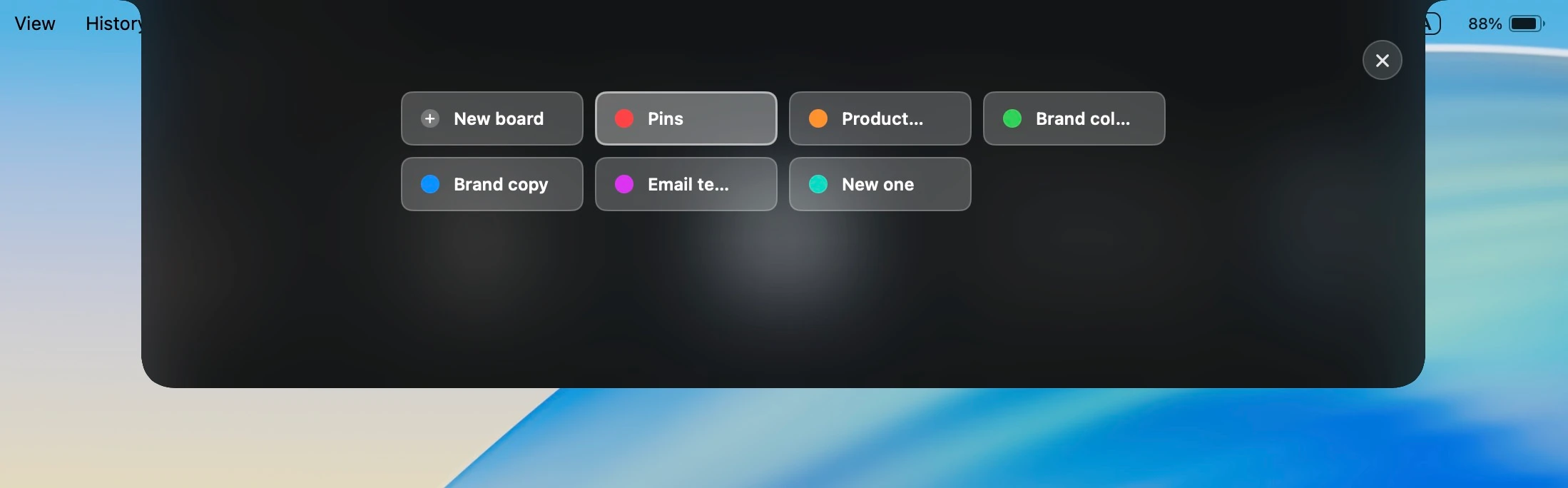 Cliptop pinboard picker with a selected destination