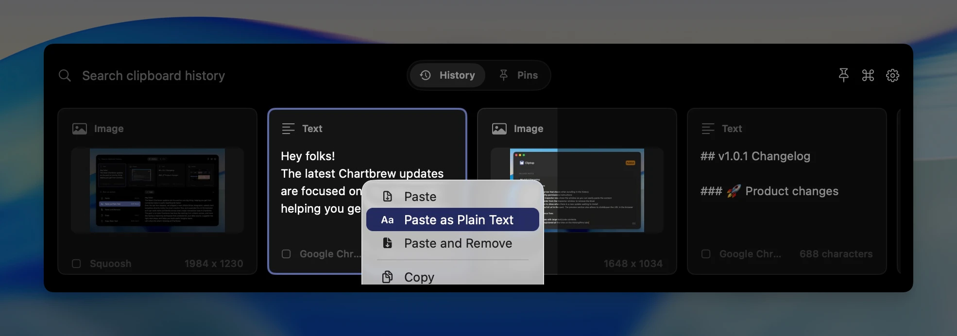 Cliptop plain-text paste workflow