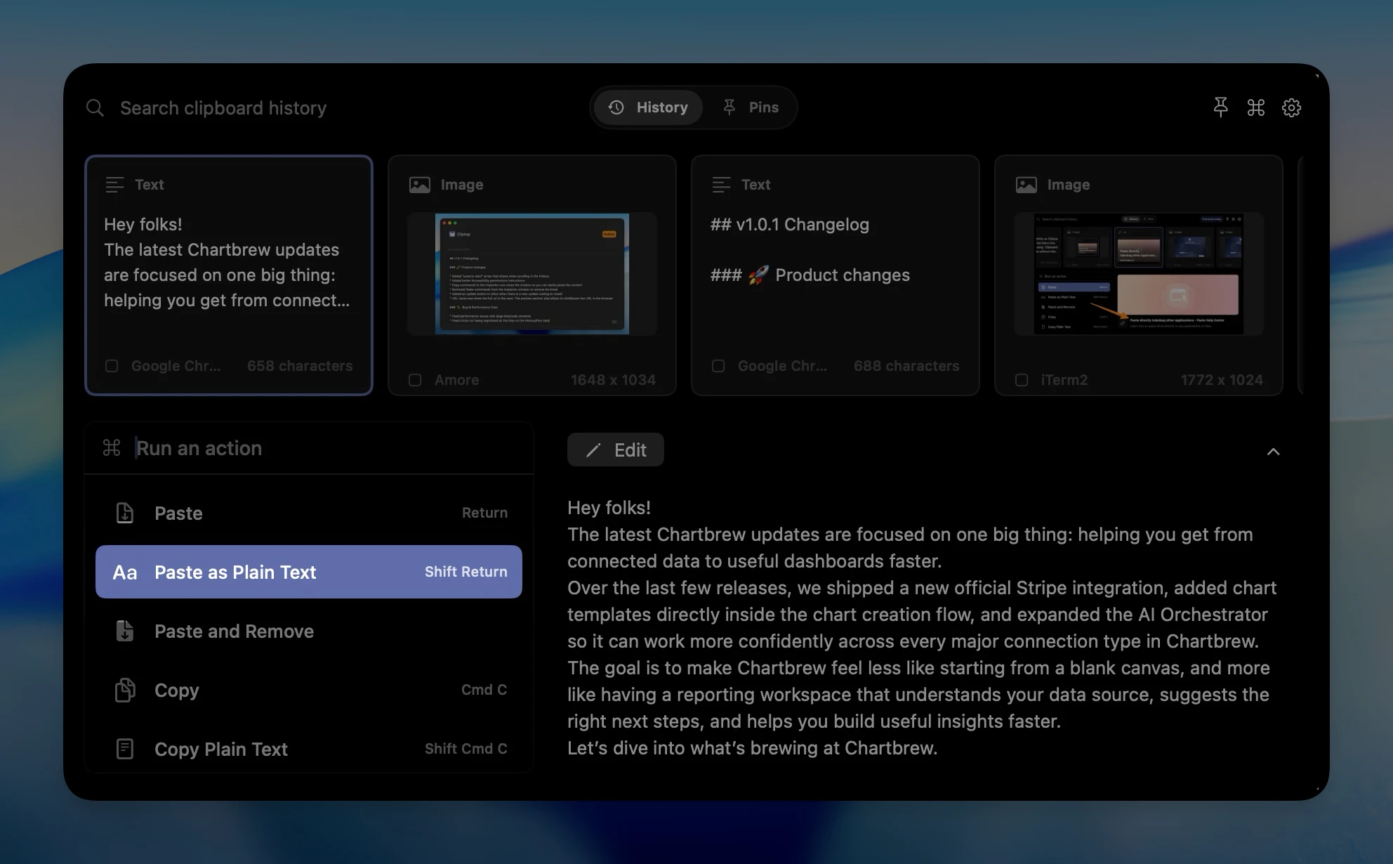 Cliptop clipboard history app showing copied items on Mac