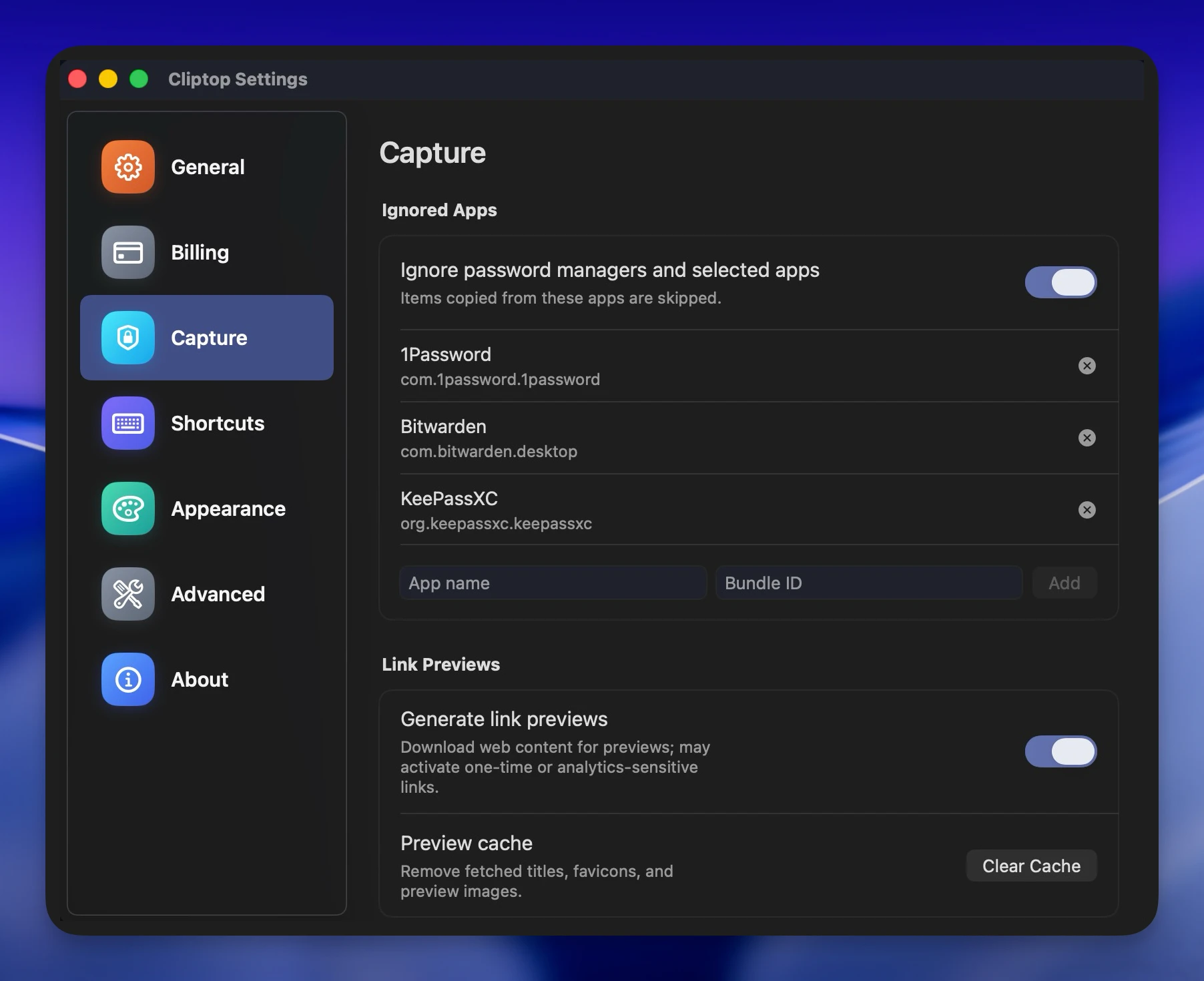 Cliptop Capture settings showing ignored apps and link preview privacy controls