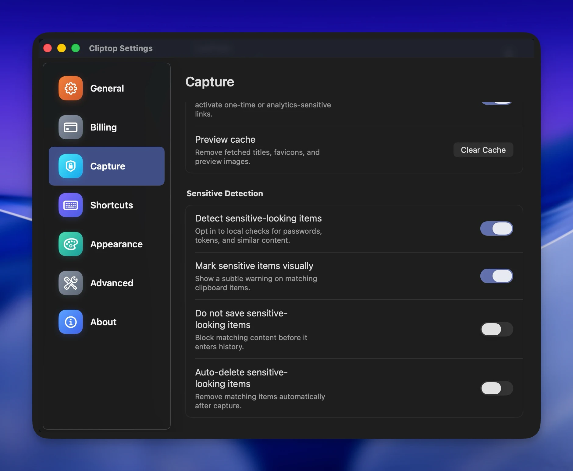 Cliptop Capture settings showing Sensitive Detection section