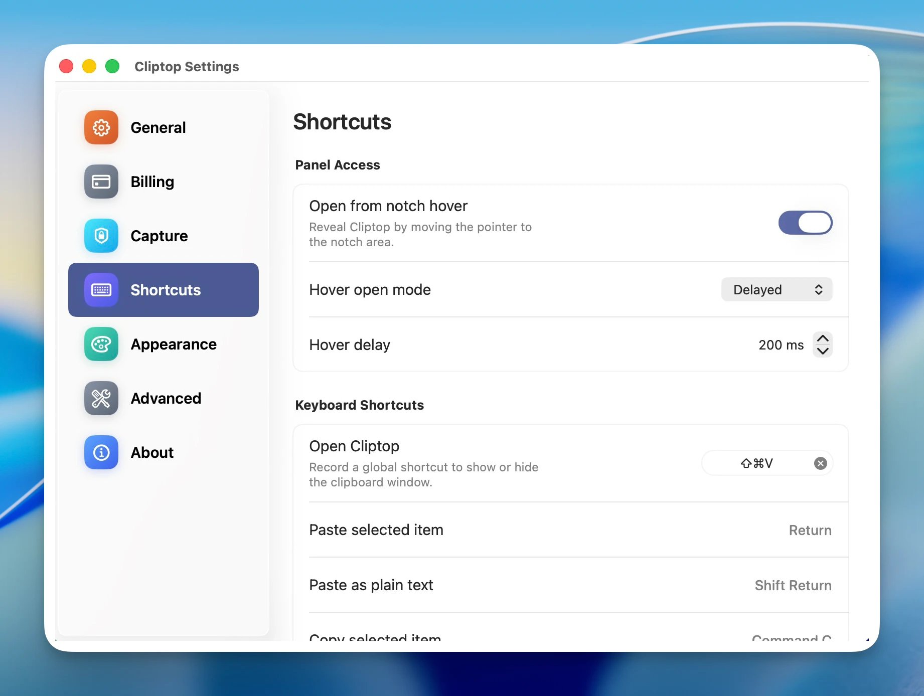 Cliptop keyboard shortcut settings for opening the clipboard window