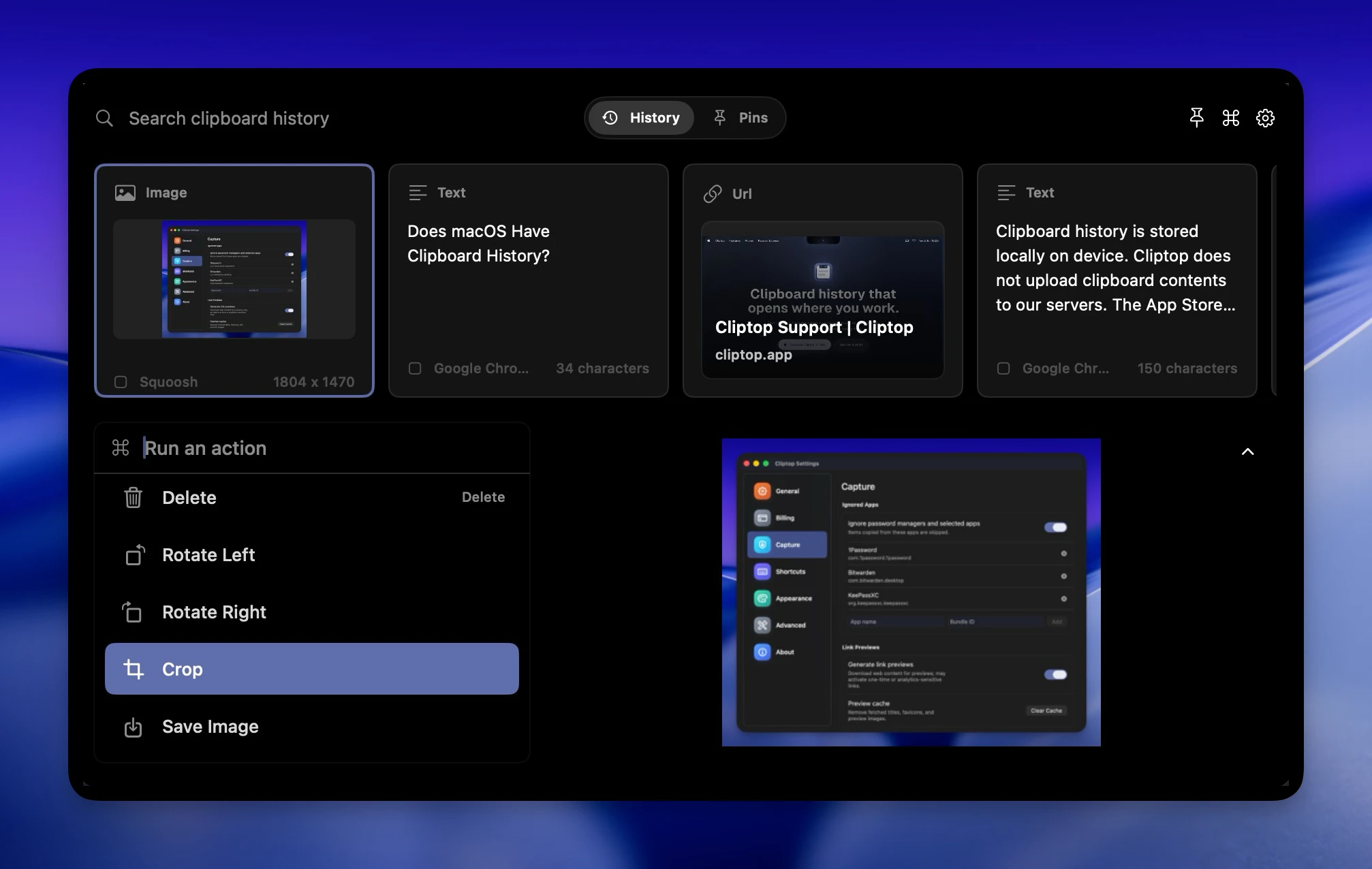 Cliptop clipboard history app for Mac