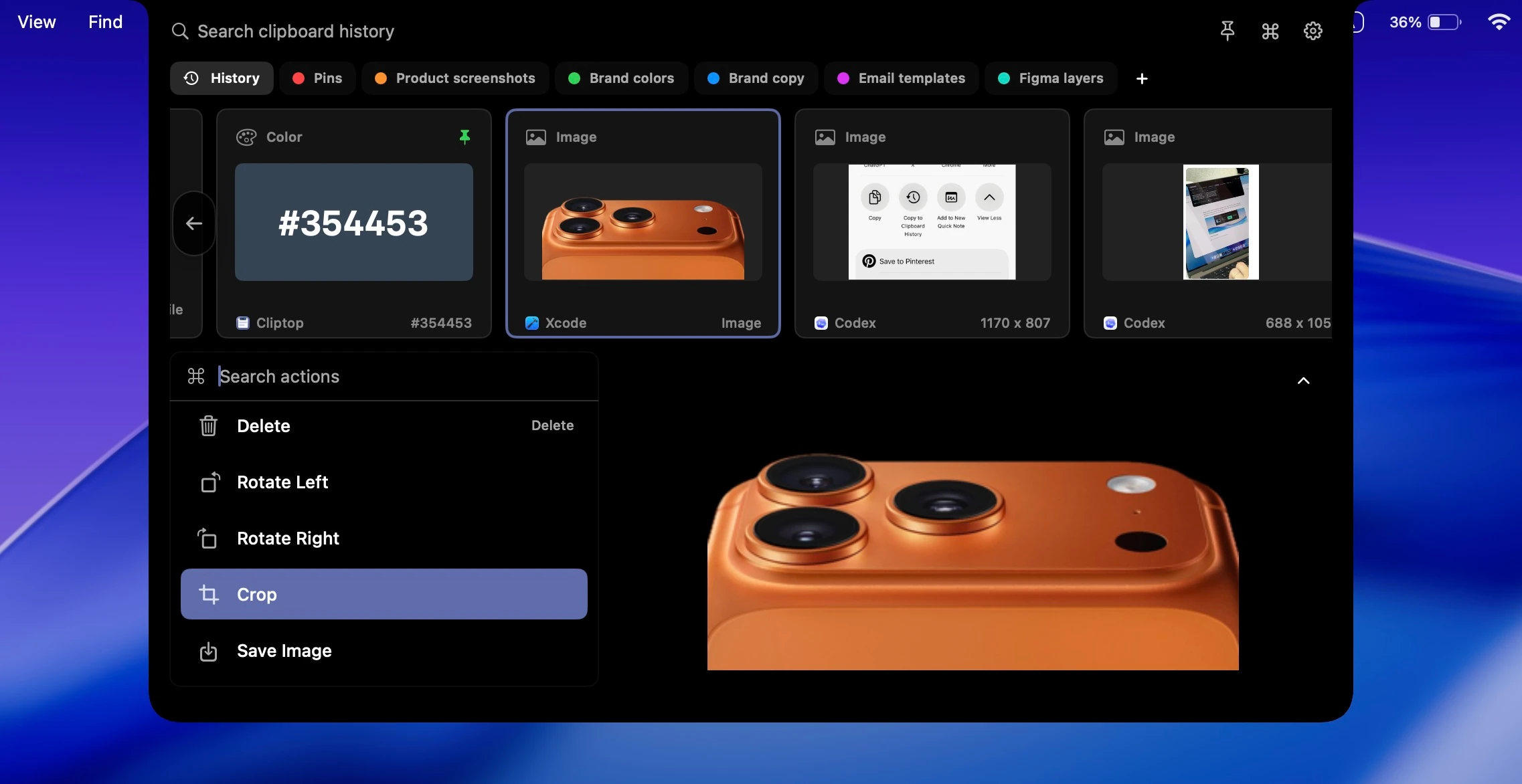 Cliptop action panel showing paste, plain text, clean URL, Markdown, and pin actions for a copied item.
