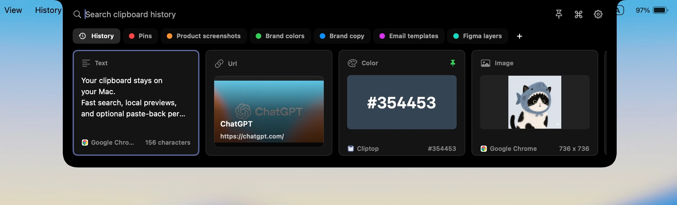 Cliptop showing searchable Mac clipboard history with quick actions for a selected copied item.