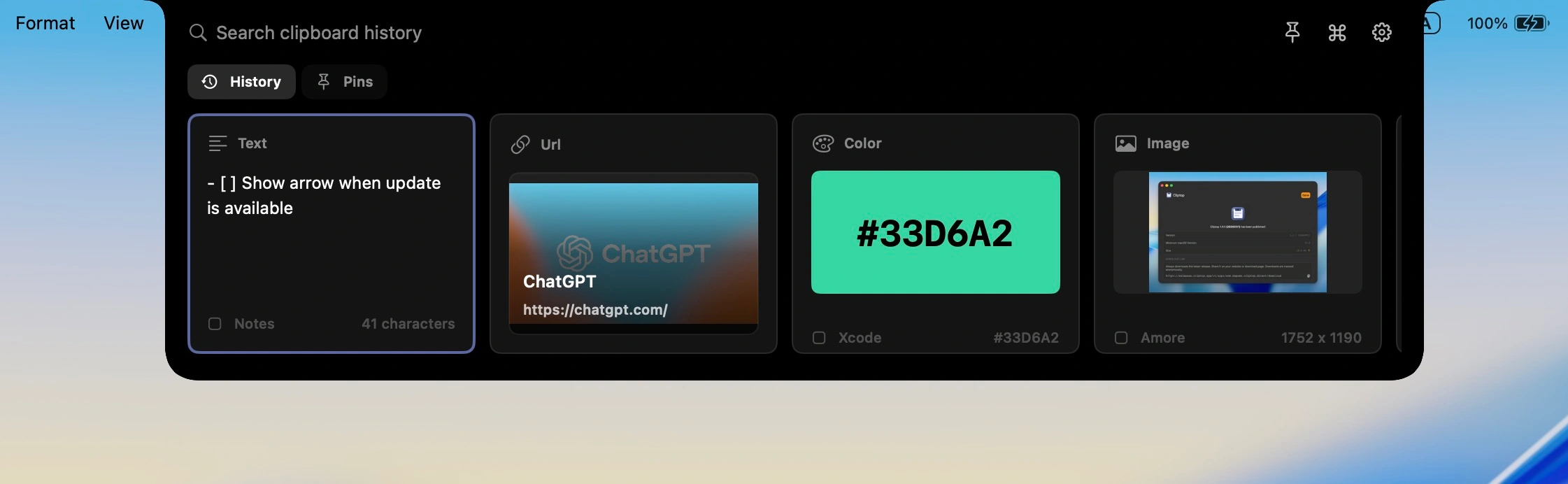 Cliptop clipboard window showing searchable history and quick actions