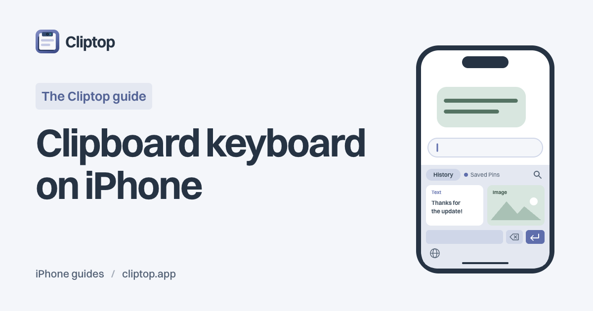 Clipboard keyboard on iPhone — a Cliptop guide with an iPhone showing Cliptop Keyboard with saved text and image clips.
